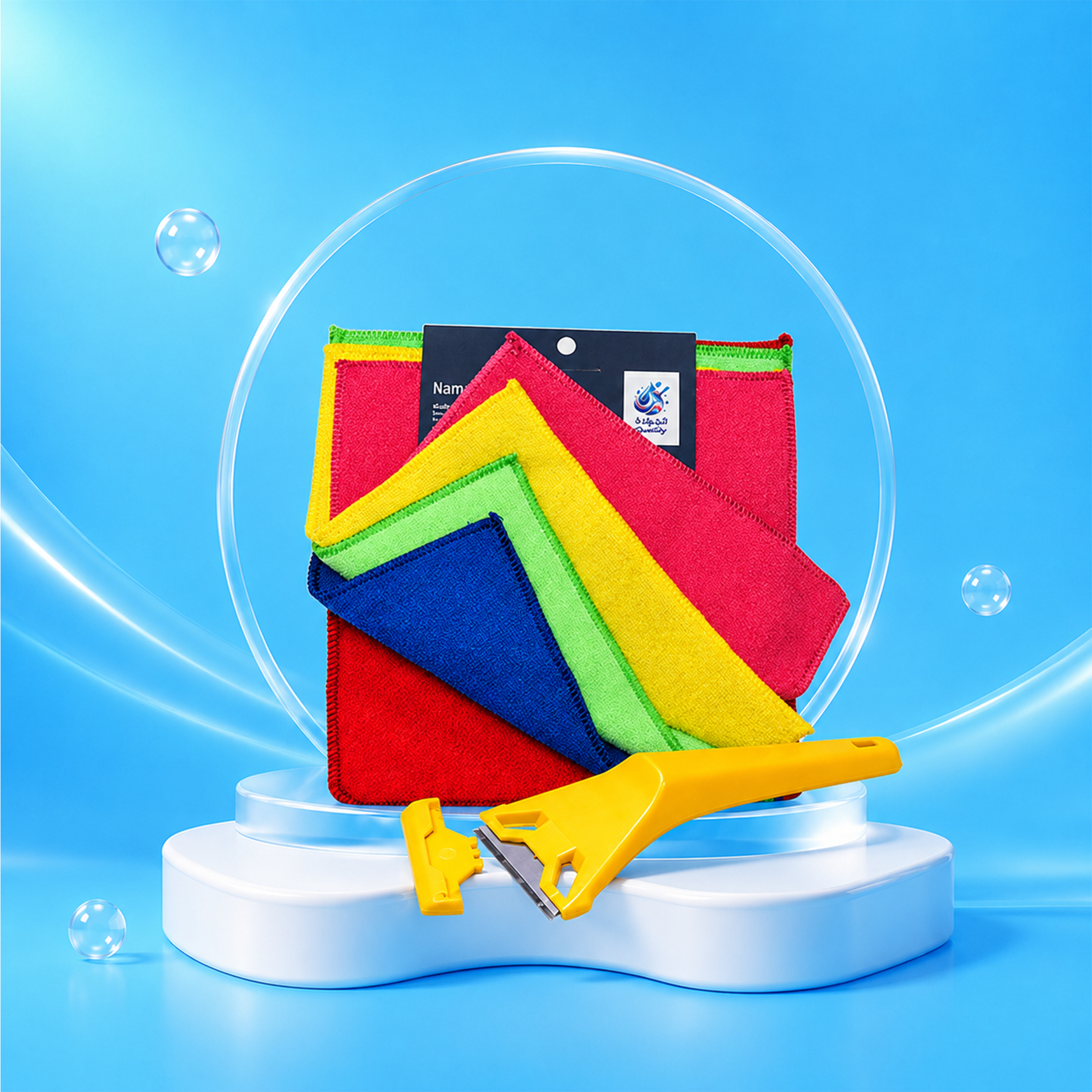 Colorful microfiber cleaning cloths and scraper tool